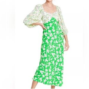RIXO Green and Cream Floral Long Sleeve Dress